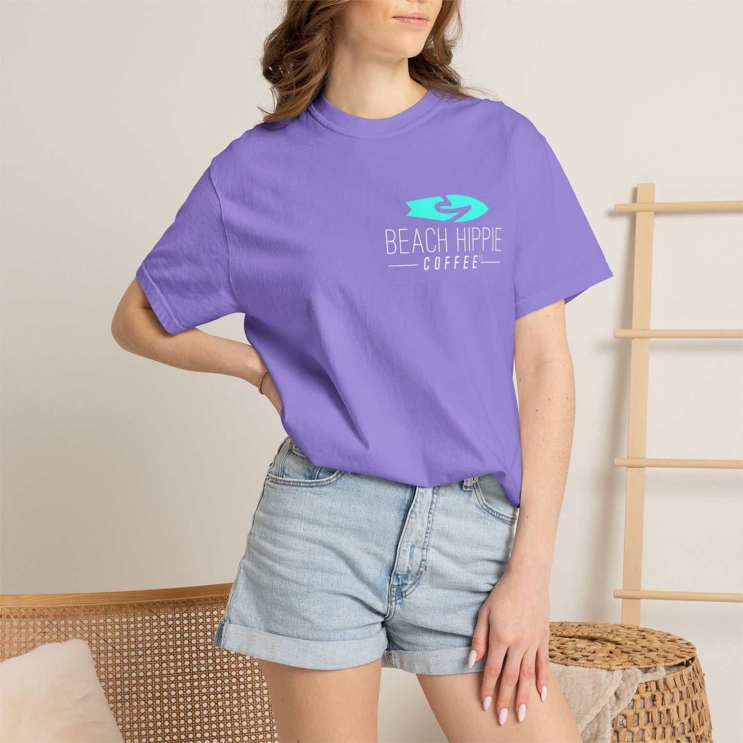 Beach Hippie Coffee Surf Logo T-Shirt — Minimal Turquoise Wave Graphic