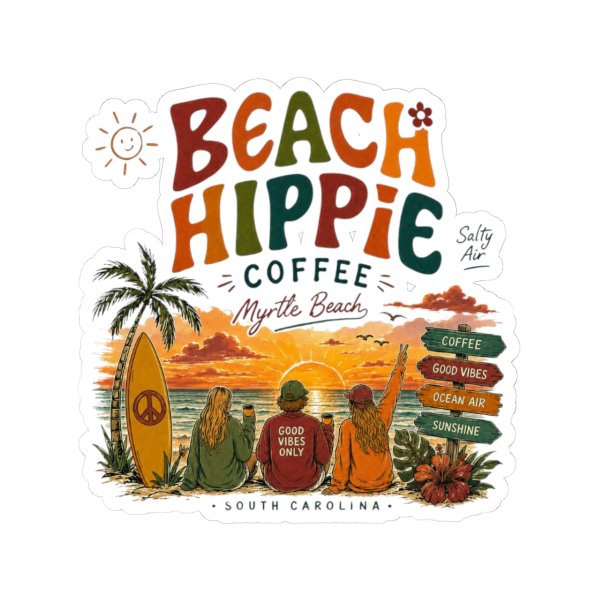 Beach Hippie Coffee Sticker — Vintage Surf Sunset Kiss-Cut Sticker (Myrtle Beach)