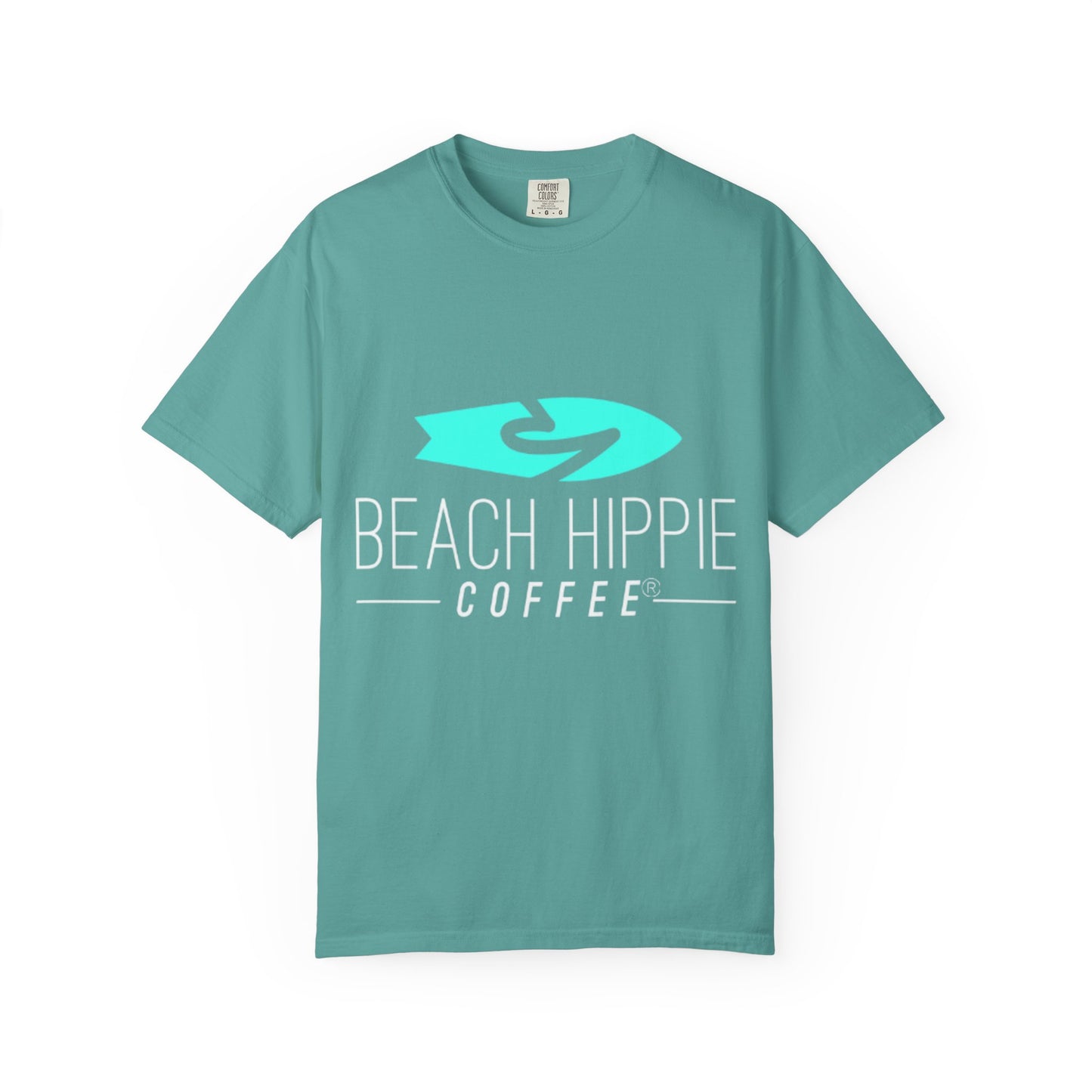 Beach Hippie Coffee Surf Logo T-Shirt — Minimal Turquoise Wave Graphic
