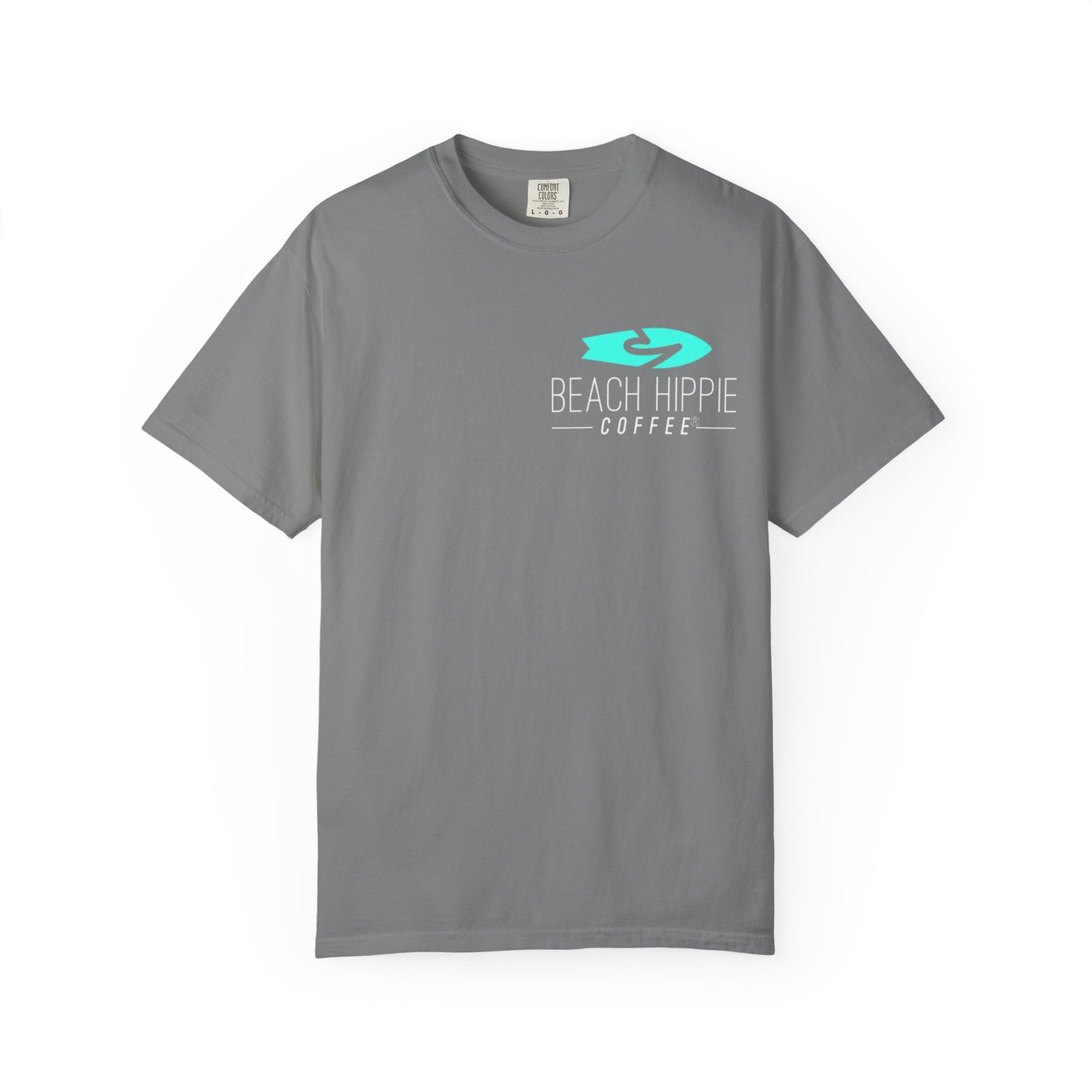 Beach Hippie Coffee Surf Logo T-Shirt — Minimal Turquoise Wave Graphic