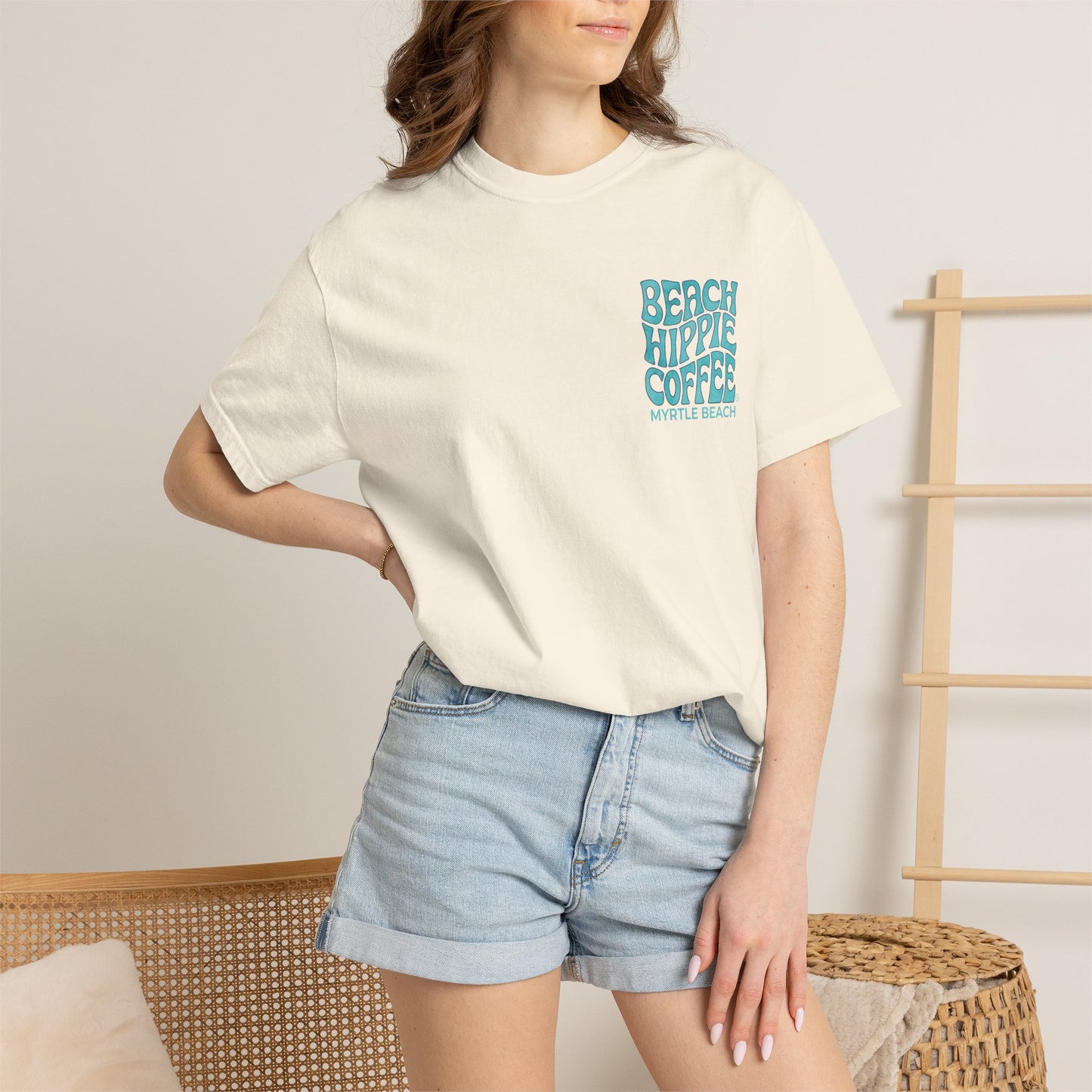Beach Hippie Coffee T‑Shirt — 'The Waves Won't Wait' Surf Van Graphic