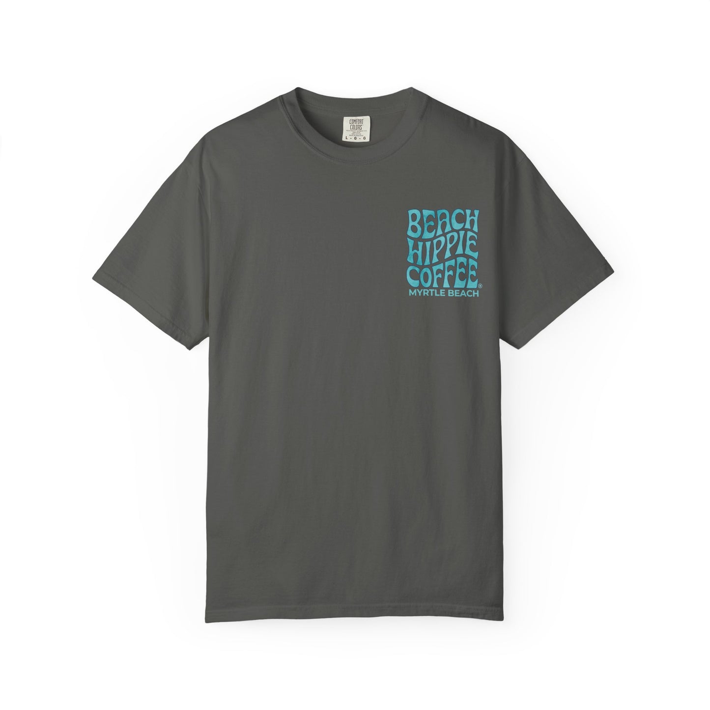Beach Hippie Coffee T‑Shirt — 'The Waves Won't Wait' Surf Van Graphic
