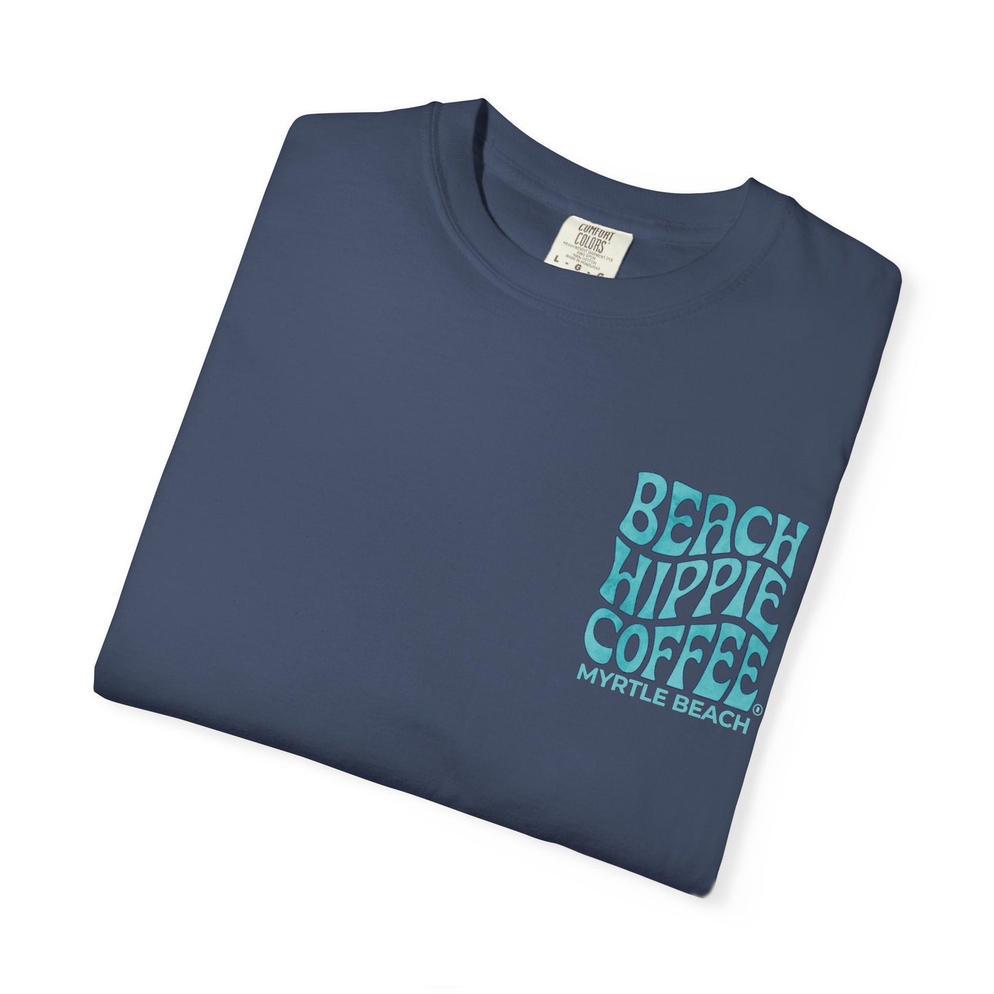 Beach Hippie Coffee T‑Shirt — 'The Waves Won't Wait' Surf Van Graphic