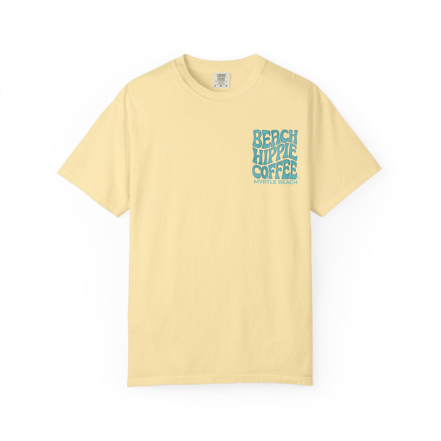 Beach Hippie Coffee T‑Shirt — 'The Waves Won't Wait' Surf Van Graphic