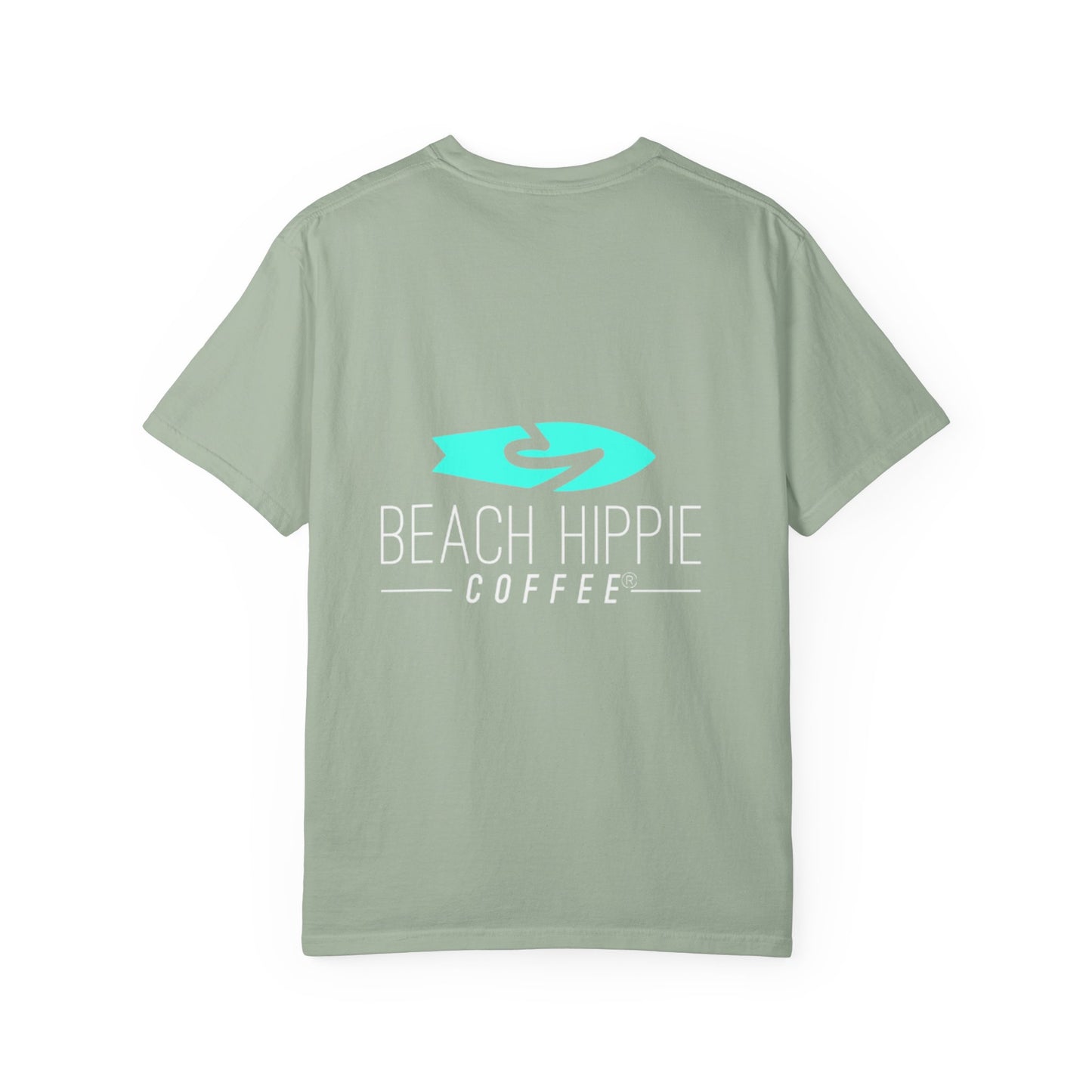 Beach Hippie Coffee Surf Logo T-Shirt — Minimal Turquoise Wave Graphic