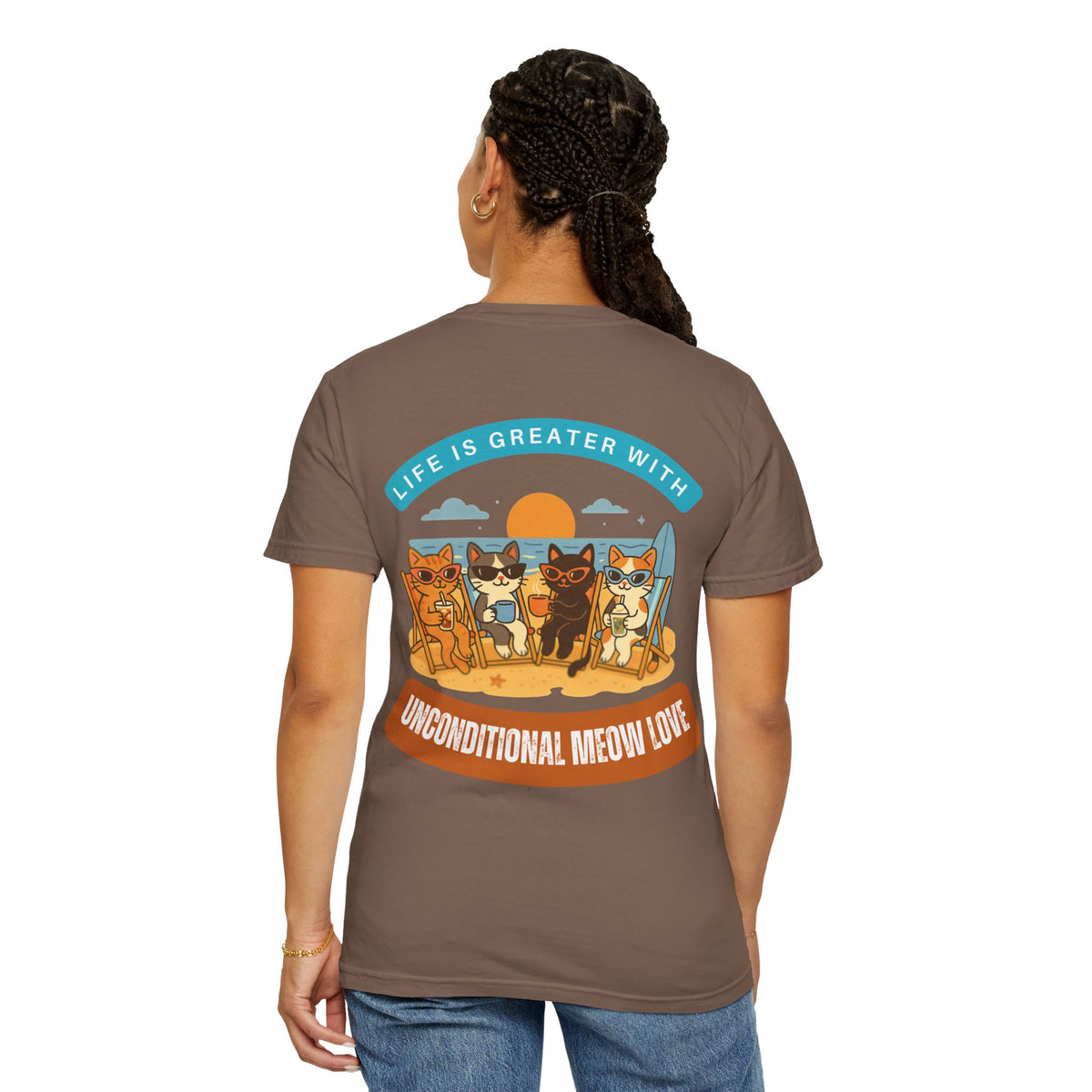 Cat Beach T-Shirt — "Life Is Greater With Unconditional Meow Love" Graphic Tee