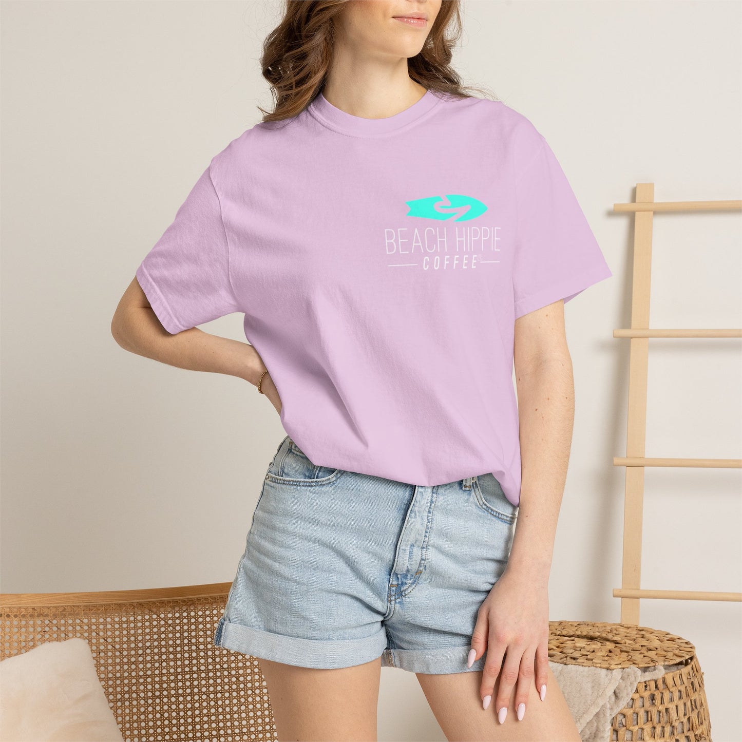 Beach Hippie Coffee Surf Logo T-Shirt — Minimal Turquoise Wave Graphic