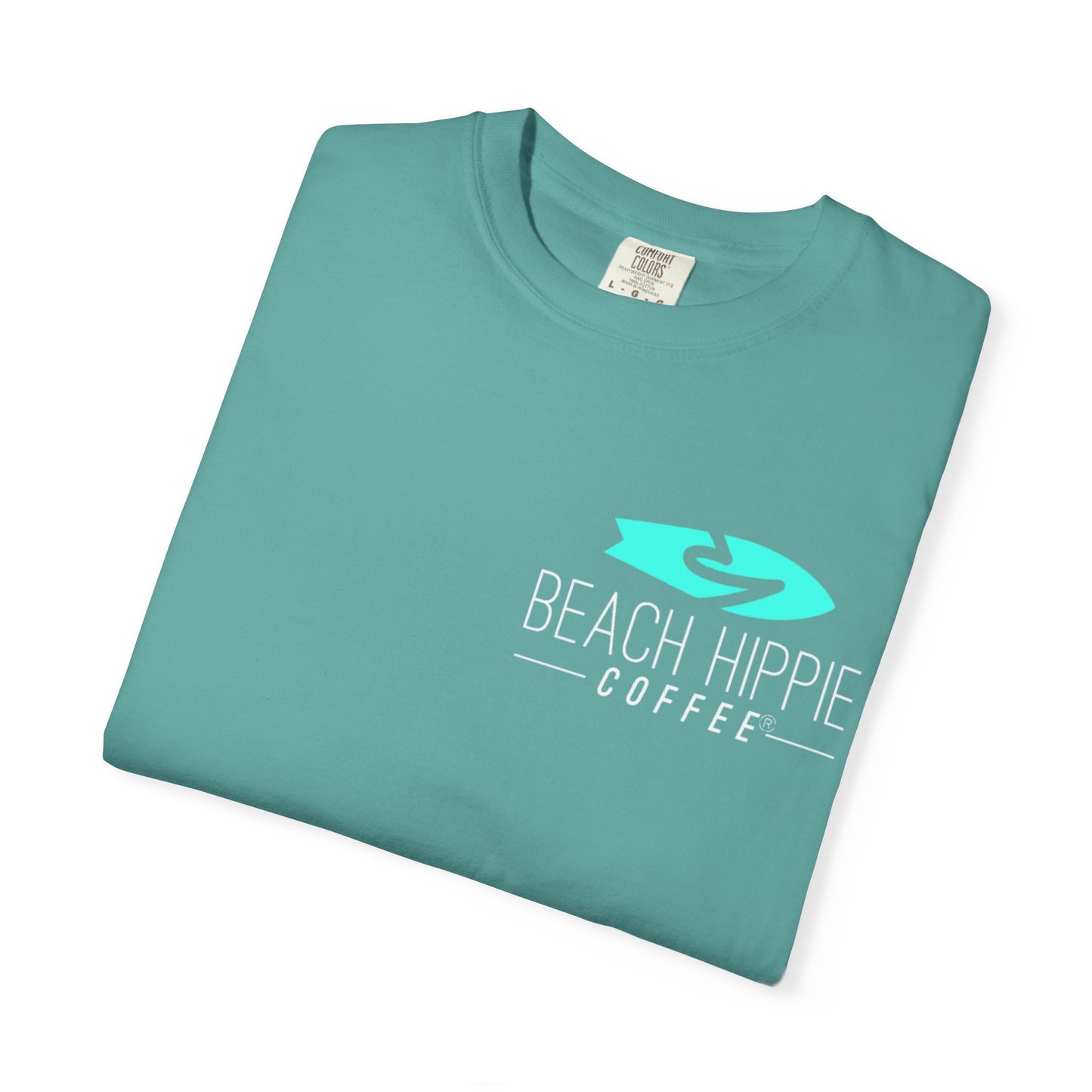 Beach Hippie Coffee Surf Logo T-Shirt — Minimal Turquoise Wave Graphic