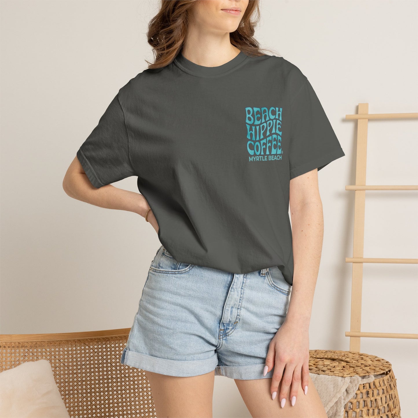 Beach Hippie Coffee T‑Shirt — 'The Waves Won't Wait' Surf Van Graphic