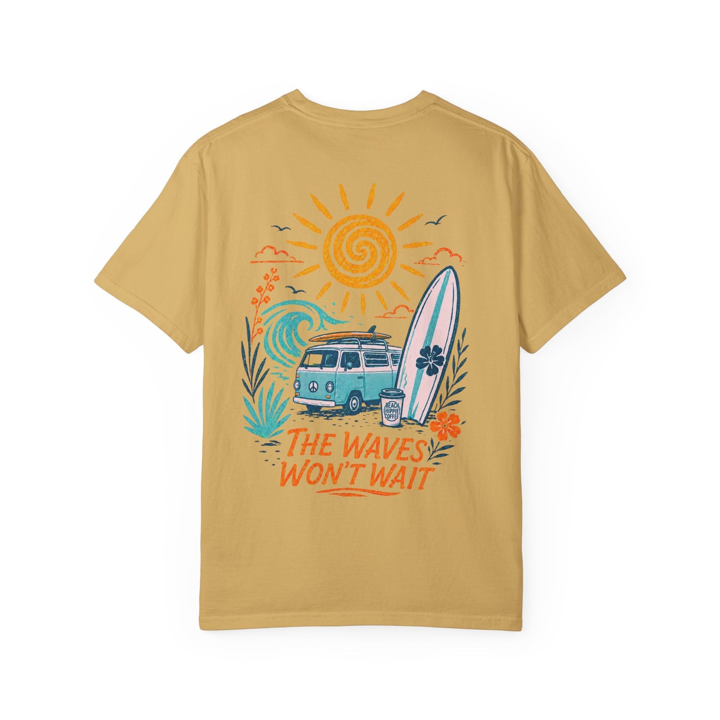 Beach Hippie Coffee T‑Shirt — 'The Waves Won't Wait' Surf Van Graphic