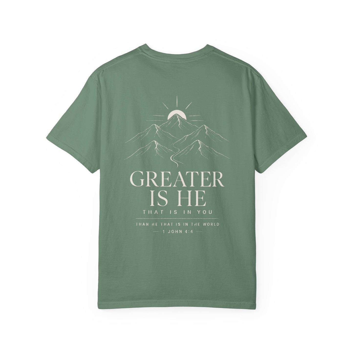 First Love Mountain T-Shirt — "Greater Is He" Christian Faith Tee
