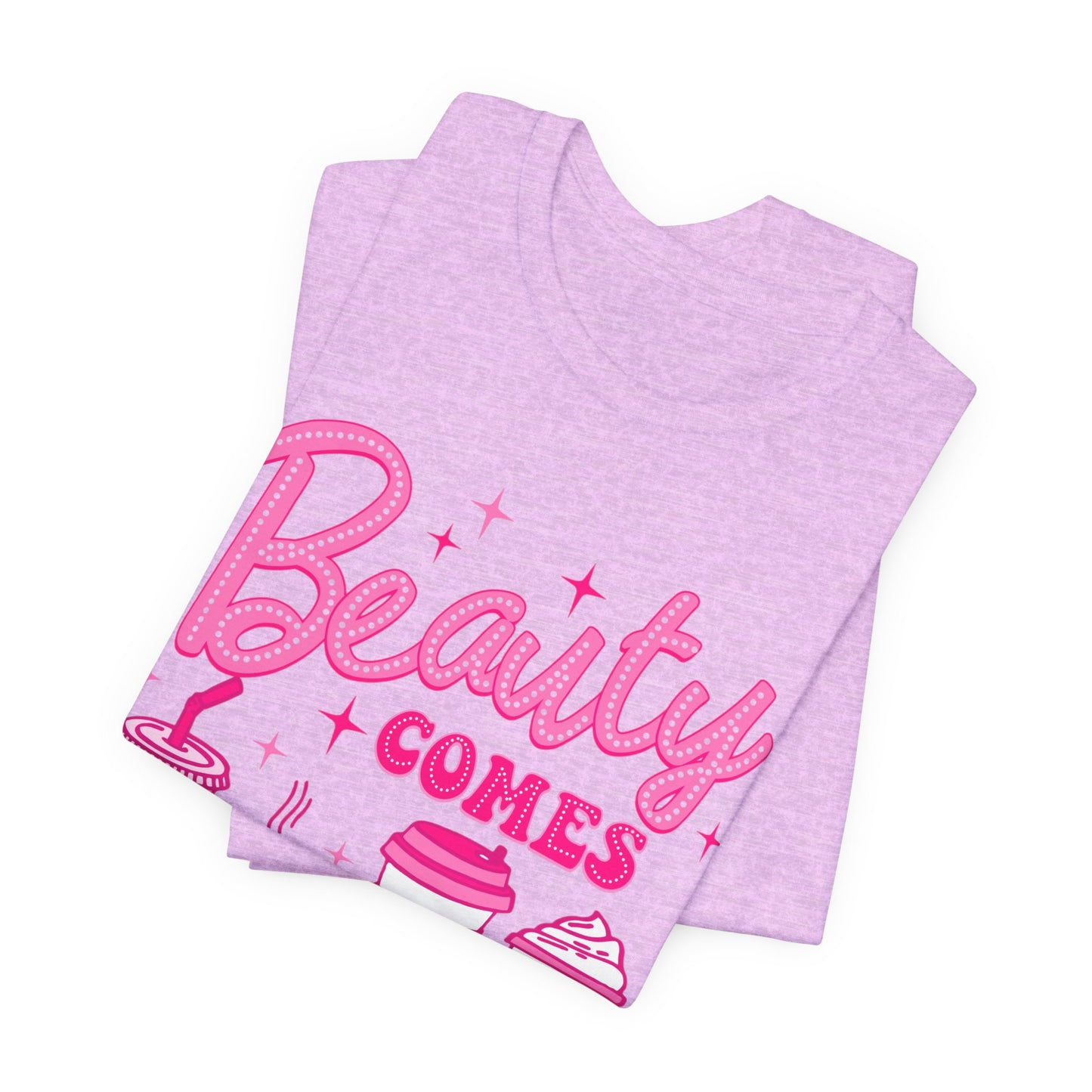 Coffee Lovers Tee — “Beauty Comes in All Shapes & Sizes” Pink Graphic T-Shirt