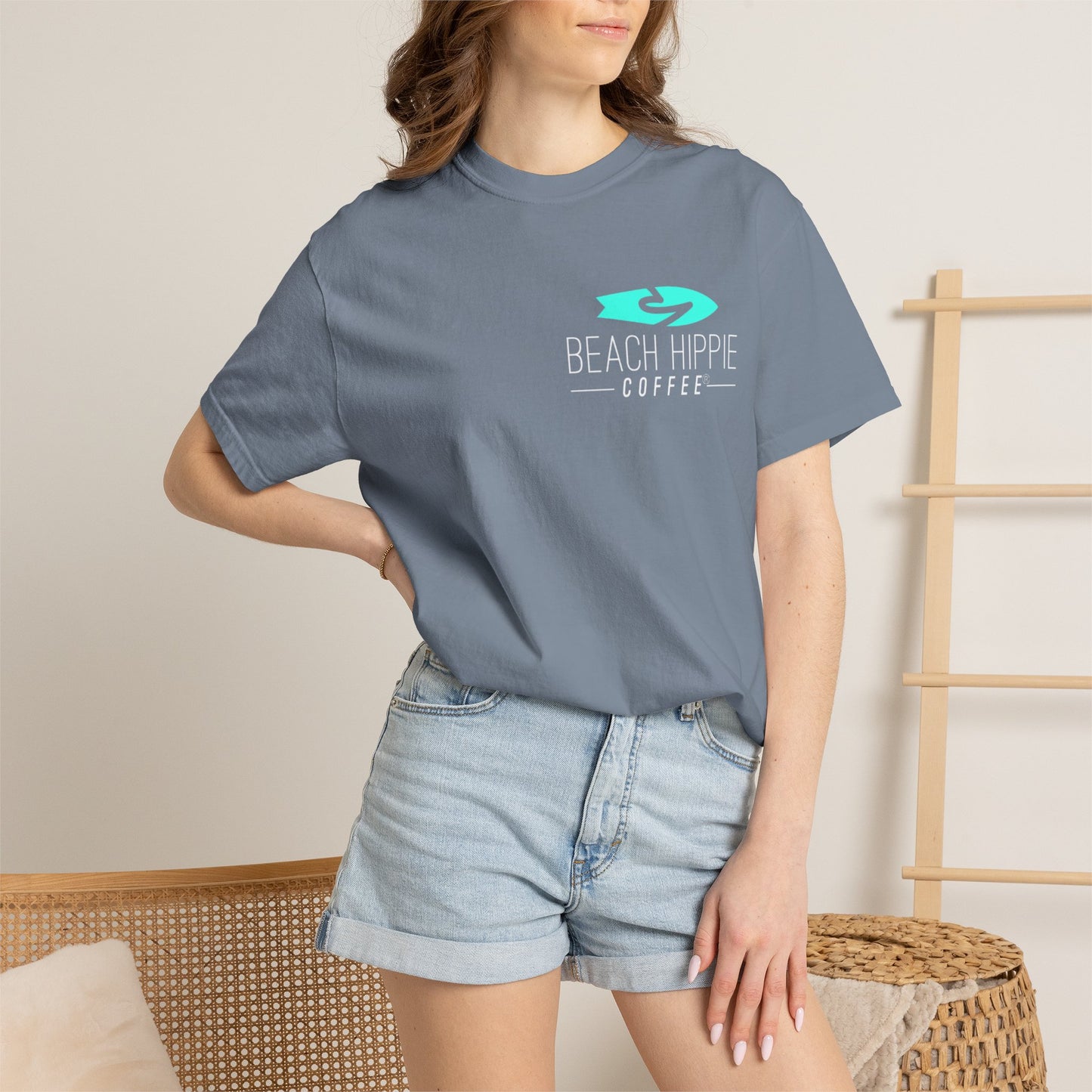 Beach Hippie Coffee Surf Logo T-Shirt — Minimal Turquoise Wave Graphic