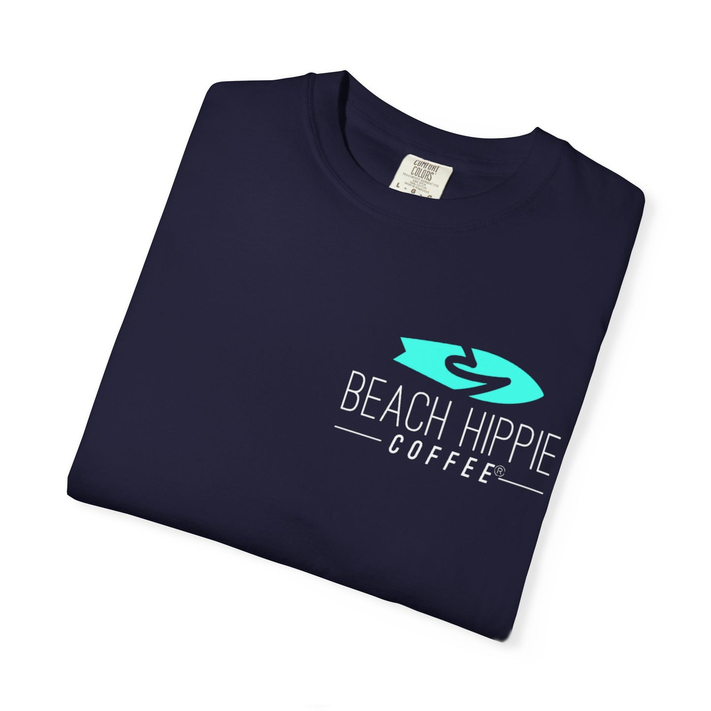 Beach Hippie Coffee Surf Logo T-Shirt — Minimal Turquoise Wave Graphic