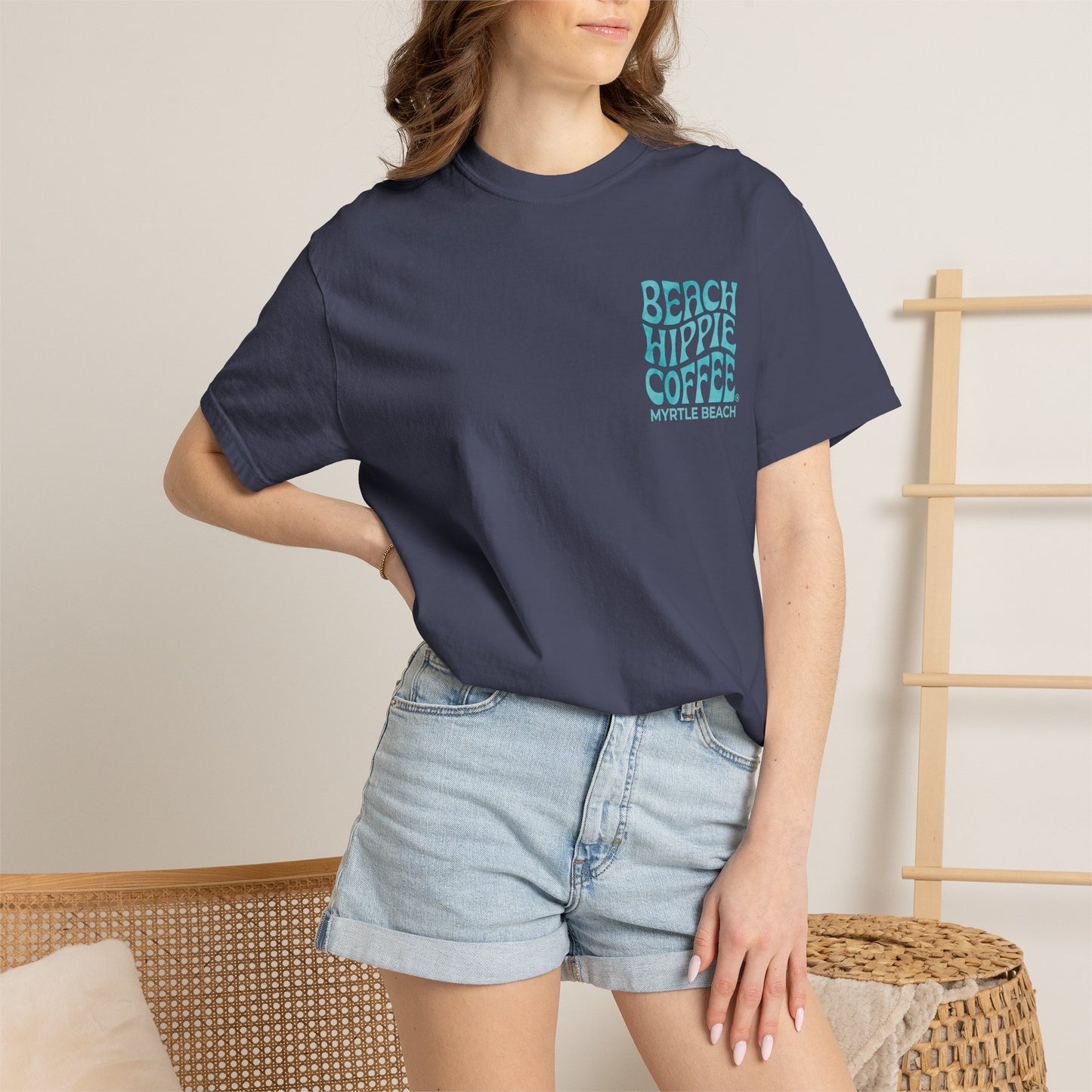 Beach Hippie Coffee T‑Shirt — 'The Waves Won't Wait' Surf Van Graphic
