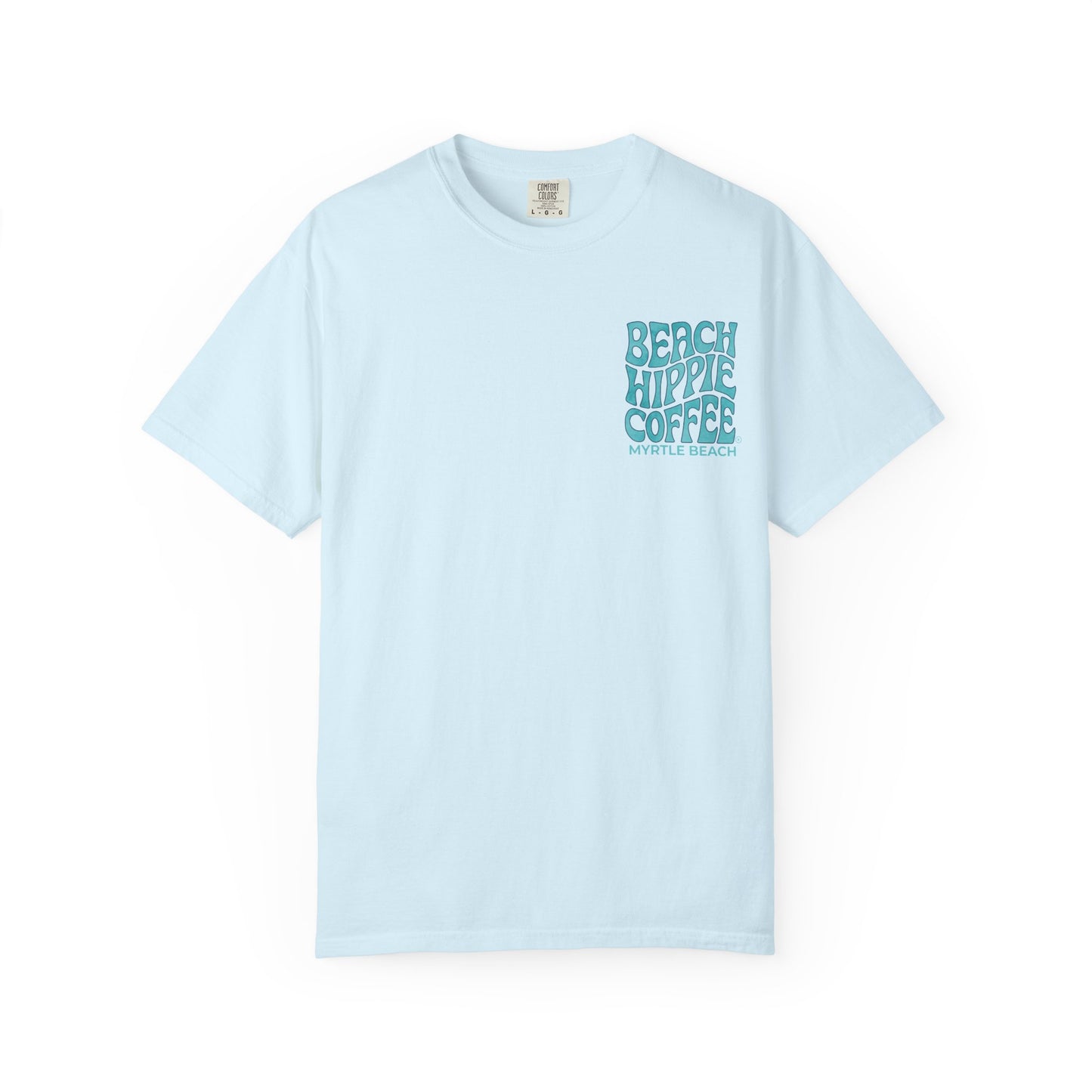 Beach Hippie Coffee T‑Shirt — 'The Waves Won't Wait' Surf Van Graphic