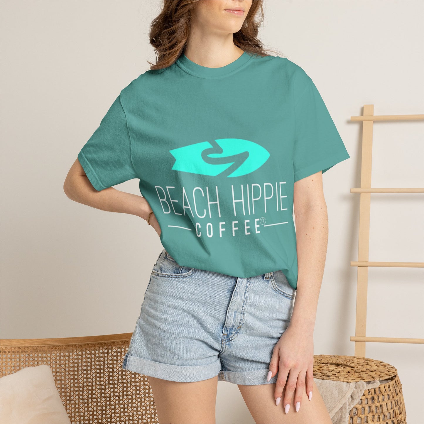 Beach Hippie Coffee Surf Logo T-Shirt — Minimal Turquoise Wave Graphic