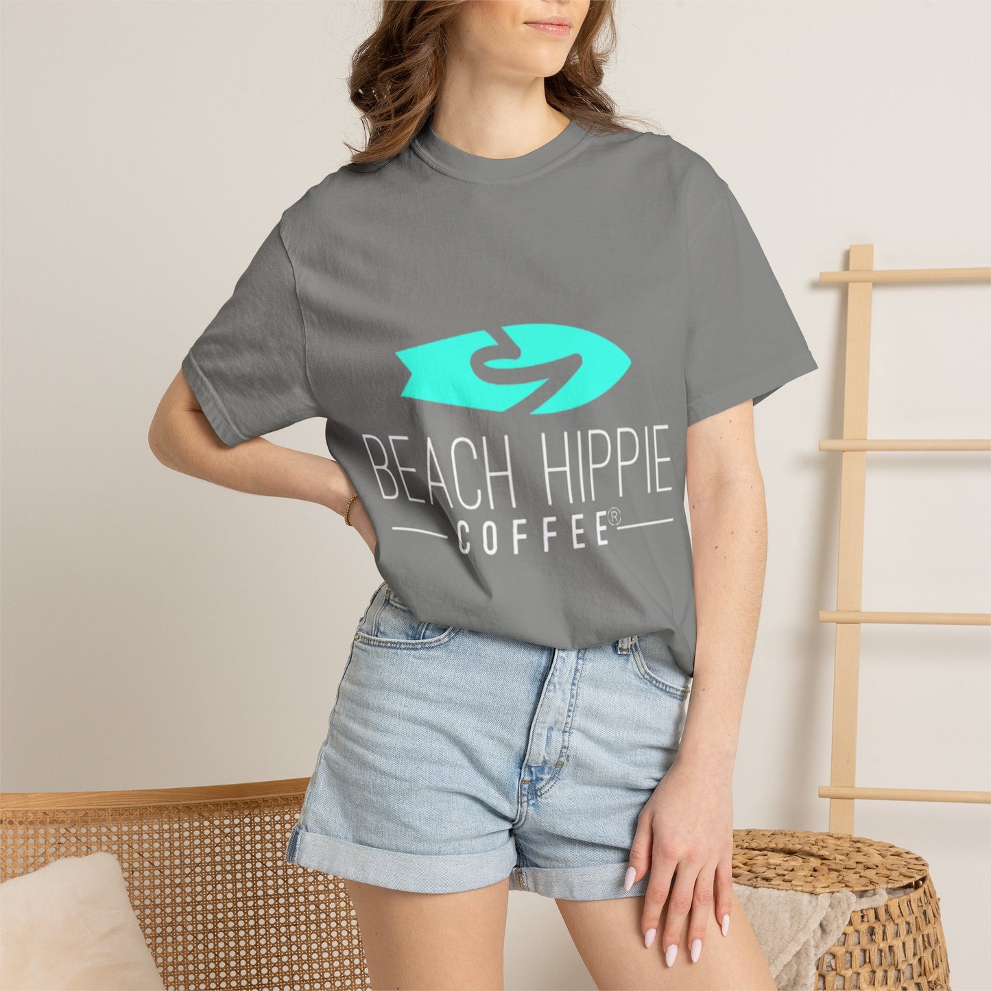 Beach Hippie Coffee Surf Logo T-Shirt — Minimal Turquoise Wave Graphic