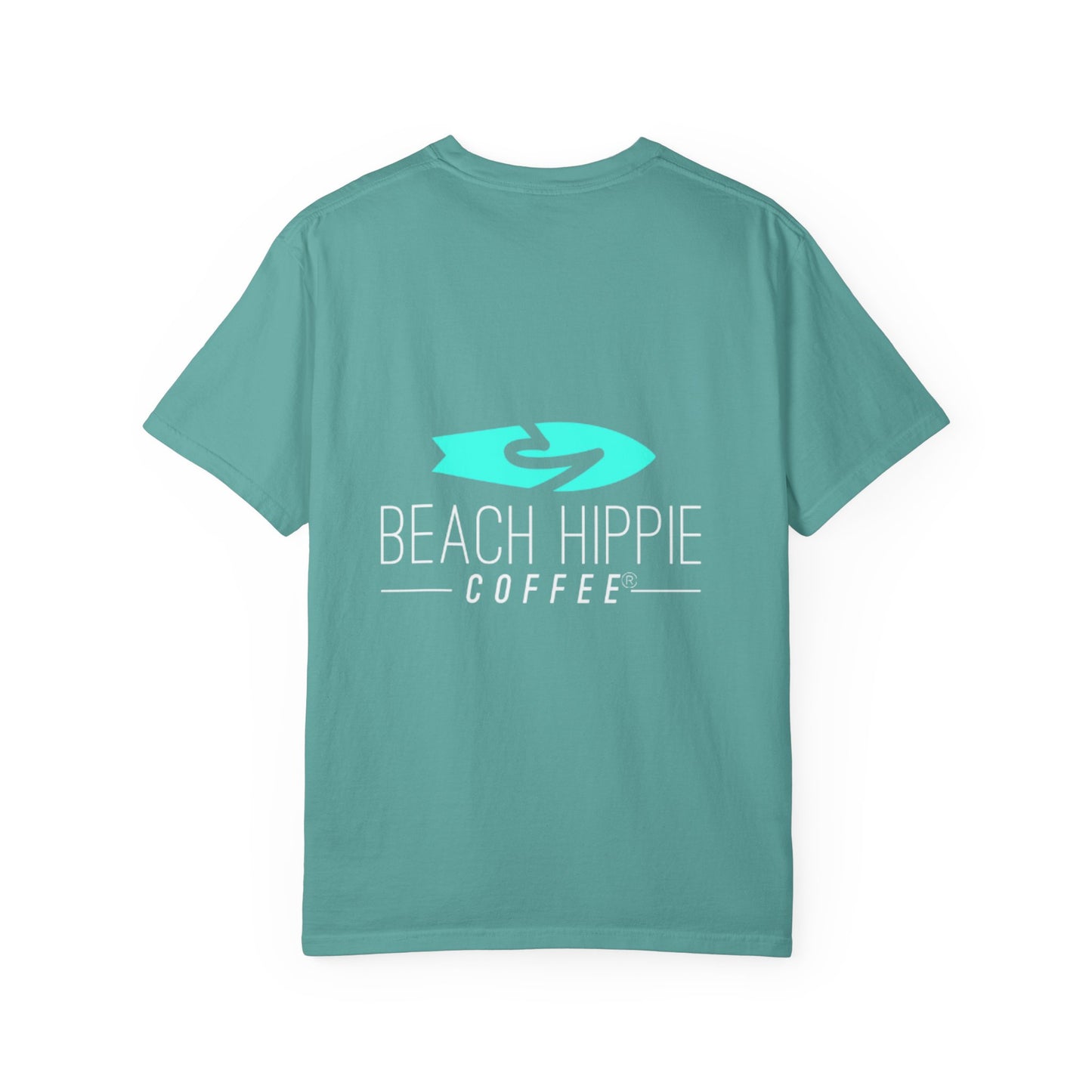 Beach Hippie Coffee Surf Logo T-Shirt — Minimal Turquoise Wave Graphic