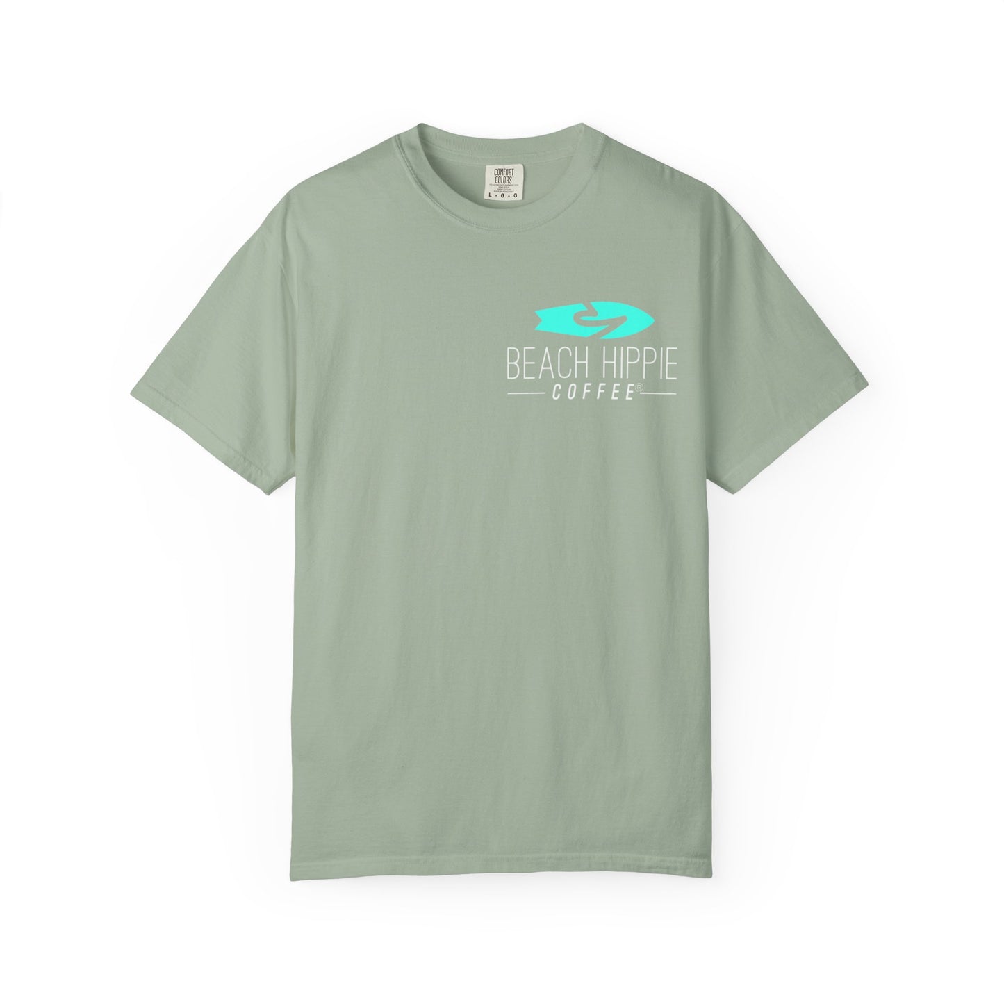 Beach Hippie Coffee Surf Logo T-Shirt — Minimal Turquoise Wave Graphic