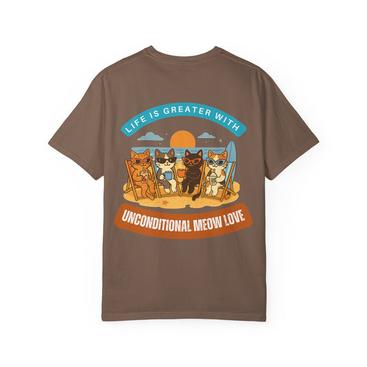 Cat Beach T-Shirt — "Life Is Greater With Unconditional Meow Love" Graphic Tee