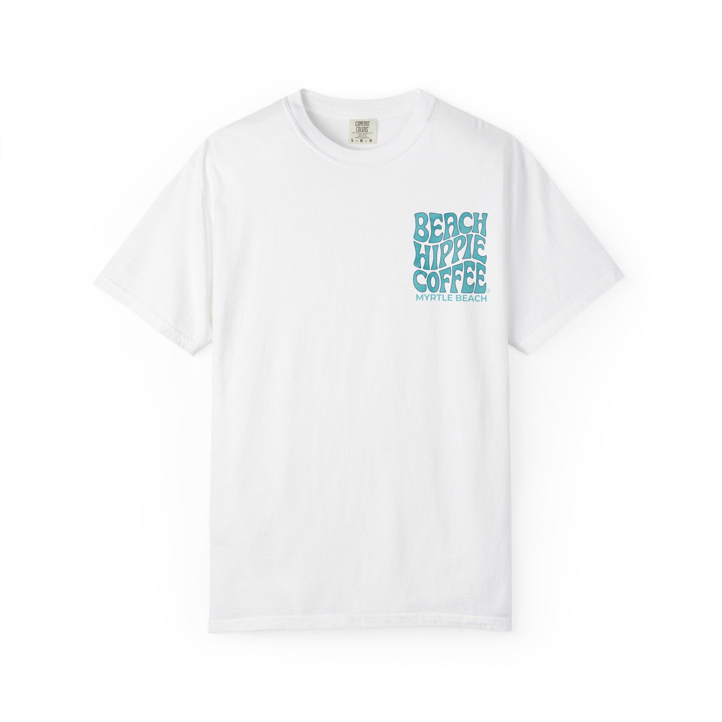Beach Hippie Coffee T‑Shirt — 'The Waves Won't Wait' Surf Van Graphic