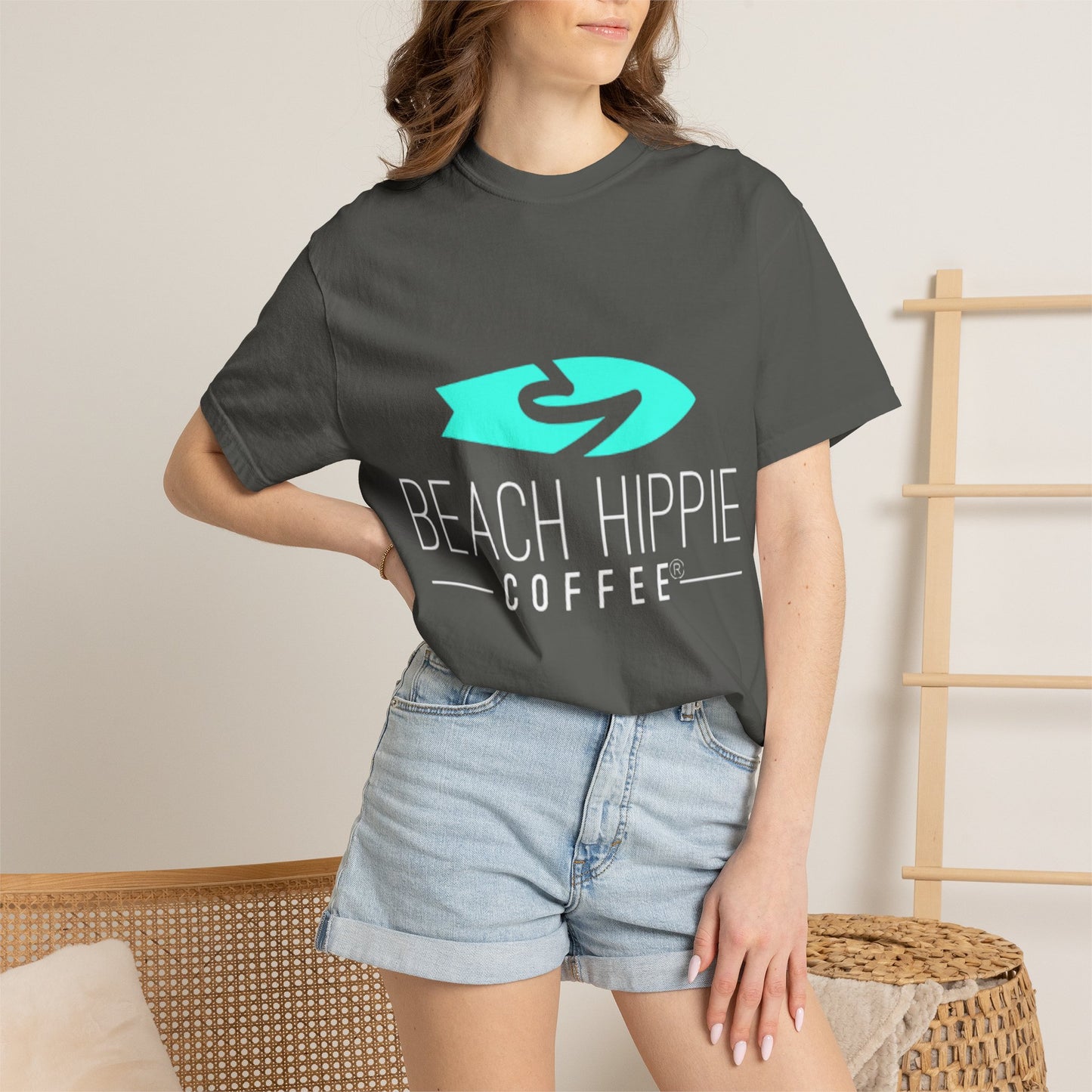 Beach Hippie Coffee Surf Logo T-Shirt — Minimal Turquoise Wave Graphic