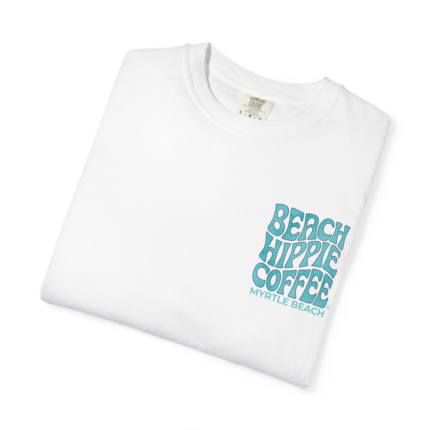 Beach Hippie Coffee T‑Shirt — 'The Waves Won't Wait' Surf Van Graphic