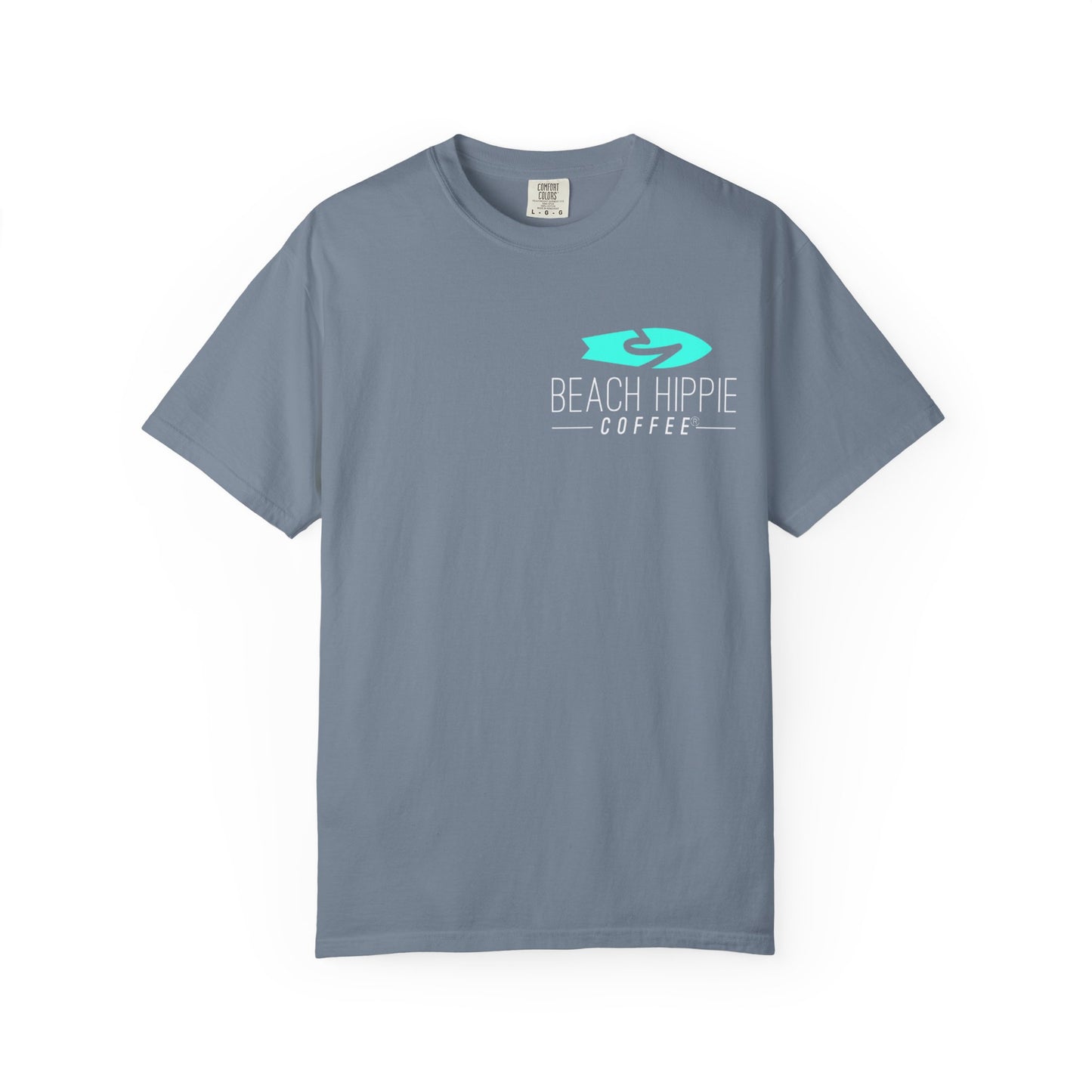 Beach Hippie Coffee Surf Logo T-Shirt — Minimal Turquoise Wave Graphic