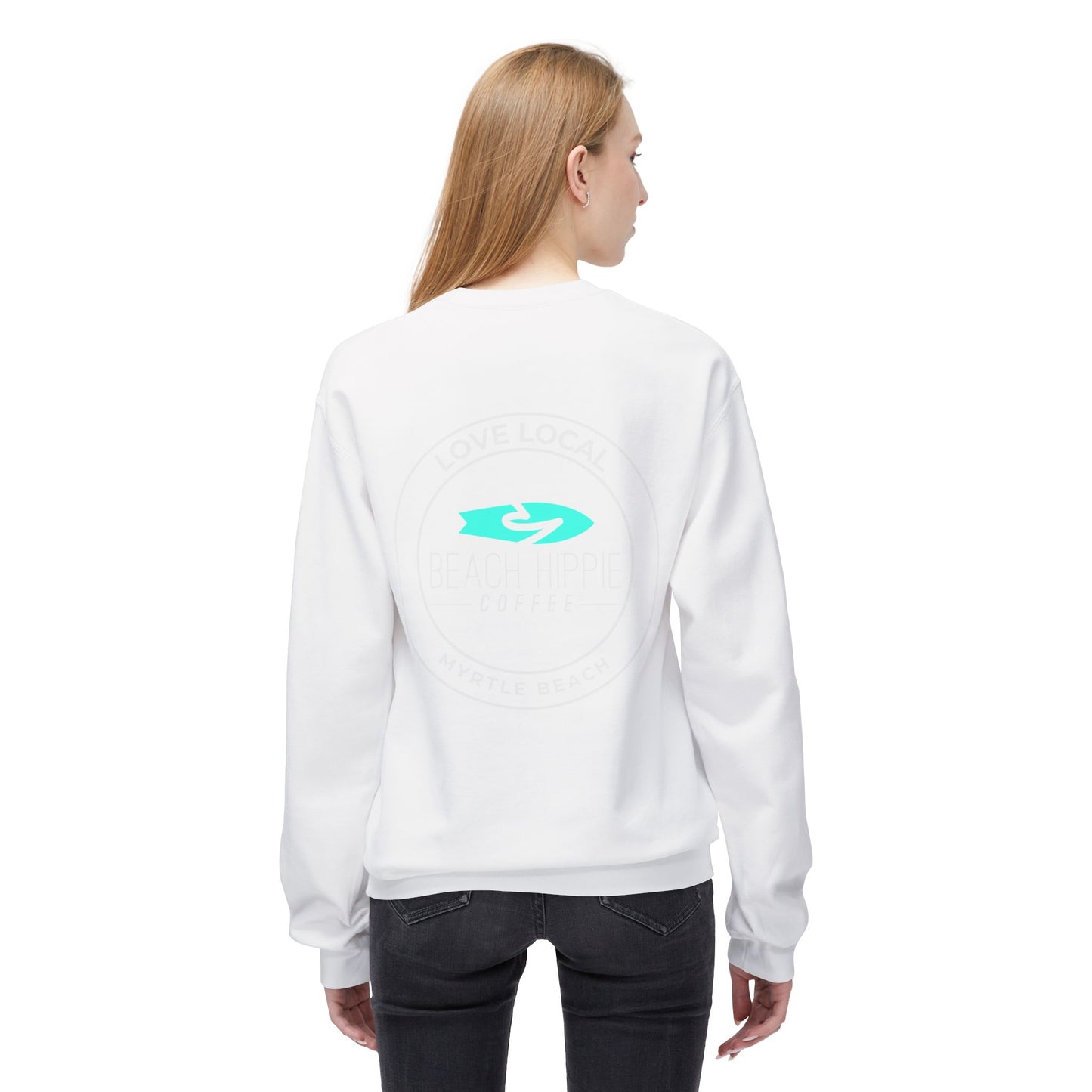 Beach Hippie Coffee Sweatshirt Front with Love Local Back