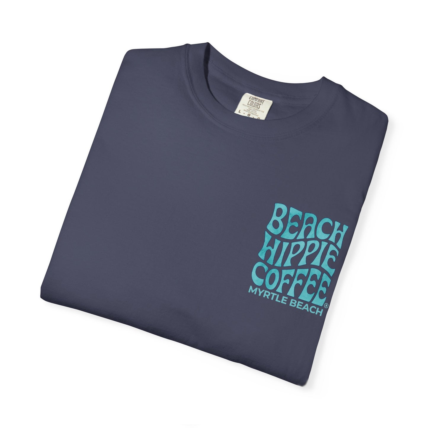 Beach Hippie Coffee T‑Shirt — 'The Waves Won't Wait' Surf Van Graphic