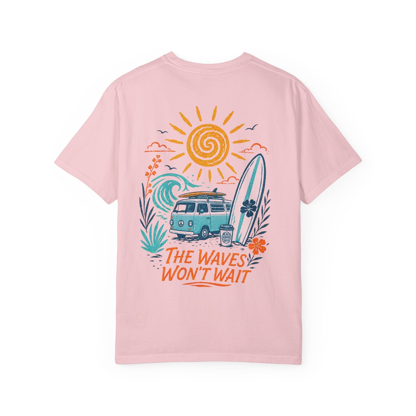 Beach Hippie Coffee T‑Shirt — 'The Waves Won't Wait' Surf Van Graphic