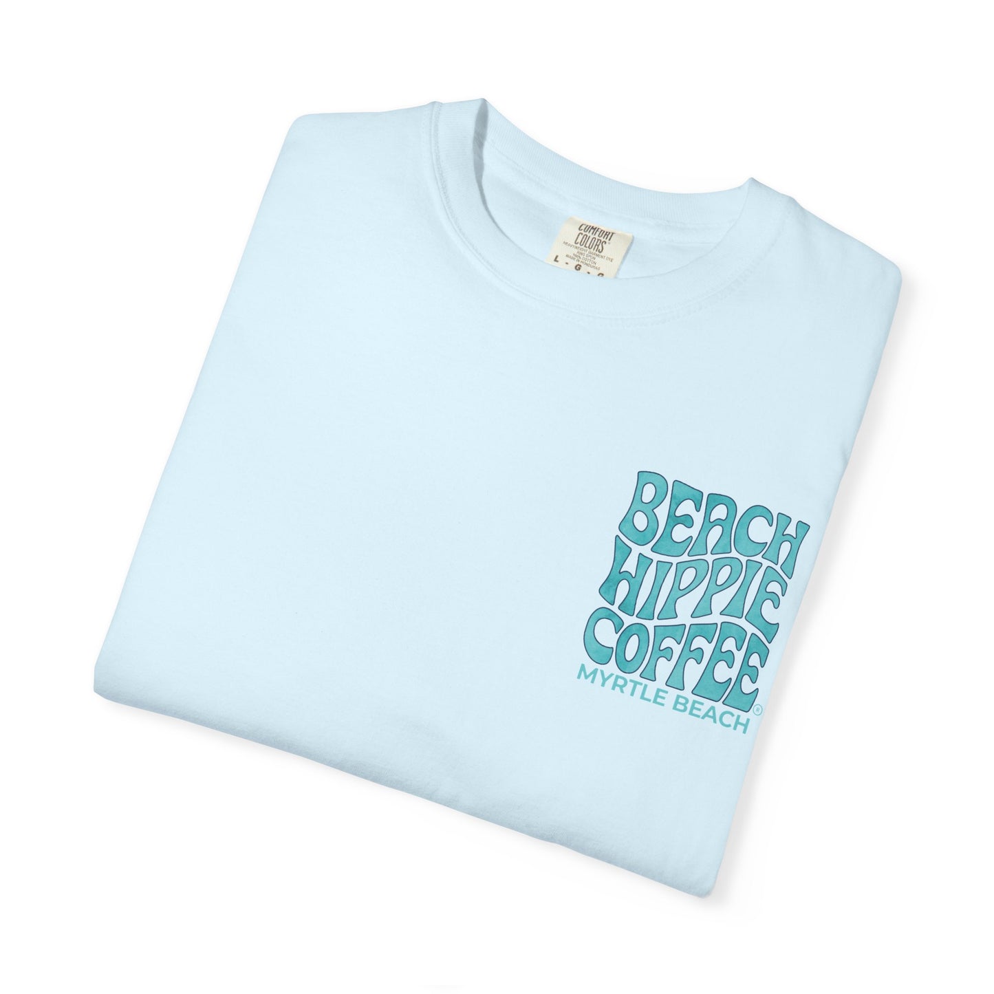 Beach Hippie Coffee T‑Shirt — 'The Waves Won't Wait' Surf Van Graphic