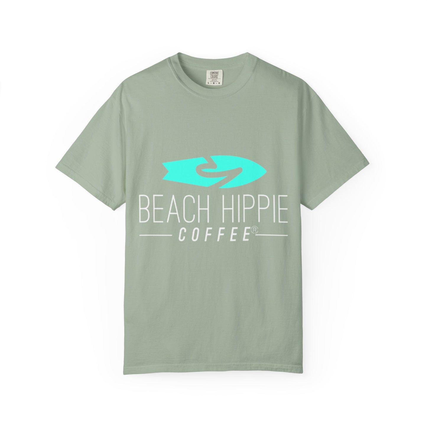 Beach Hippie Coffee Surf Logo T-Shirt — Minimal Turquoise Wave Graphic