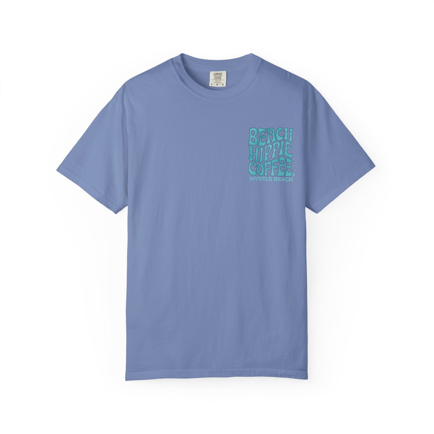 Beach Hippie Coffee T‑Shirt — 'The Waves Won't Wait' Surf Van Graphic