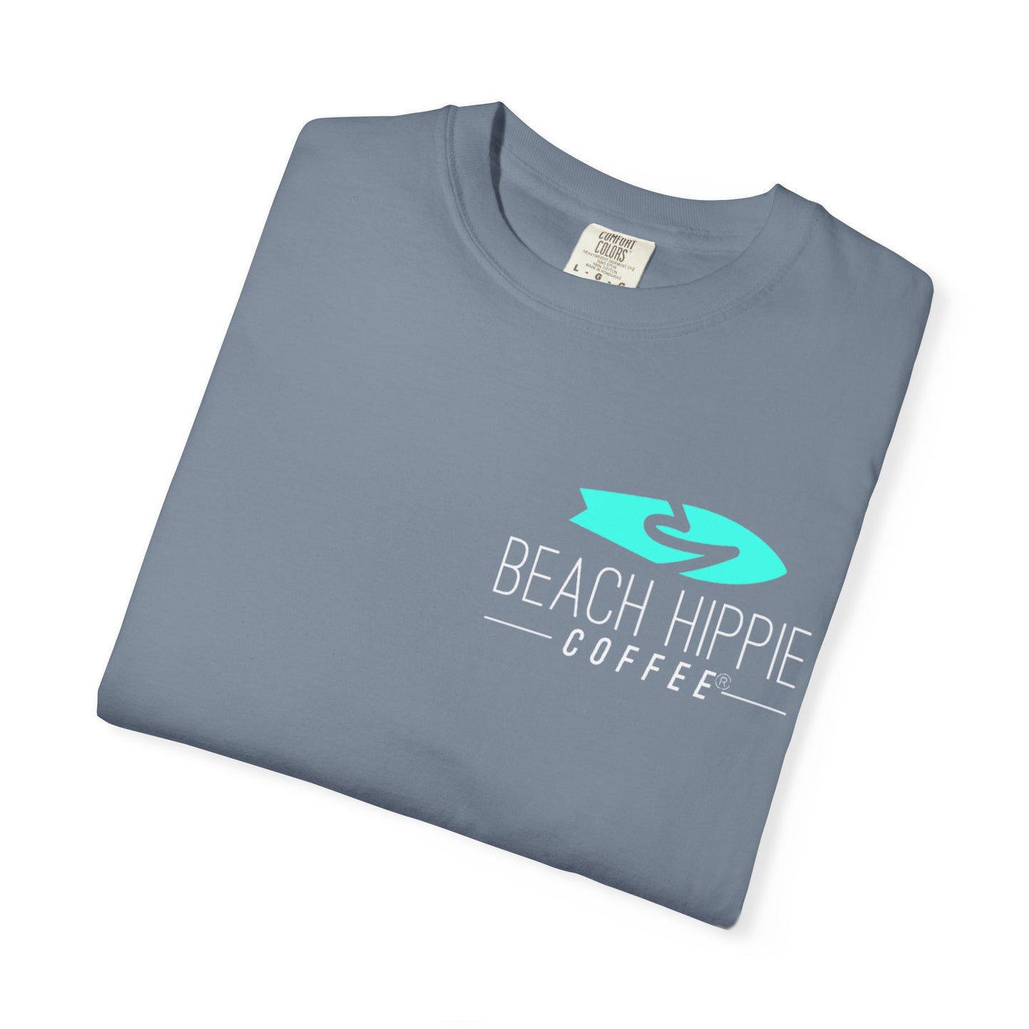 Beach Hippie Coffee Surf Logo T-Shirt — Minimal Turquoise Wave Graphic