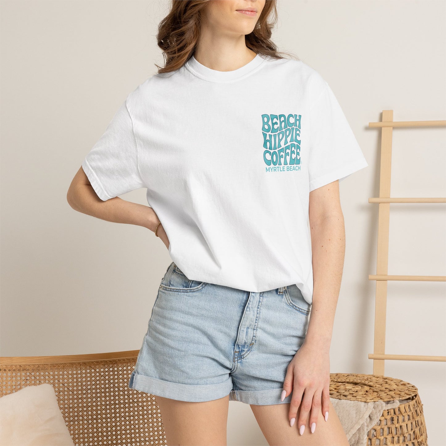 Beach Hippie Coffee T‑Shirt — 'The Waves Won't Wait' Surf Van Graphic