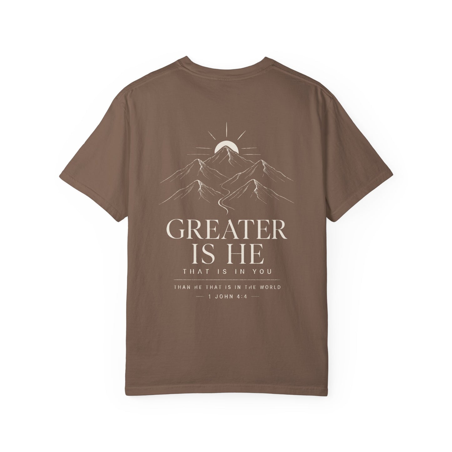 First Love Mountain T-Shirt — "Greater Is He" Christian Faith Tee