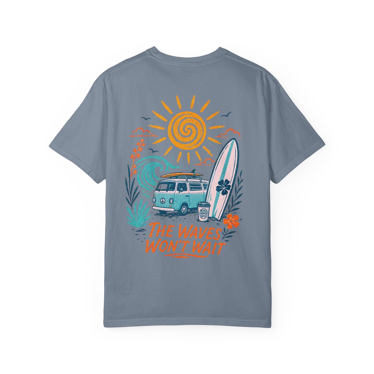 Beach Hippie Coffee T‑Shirt — 'The Waves Won't Wait' Surf Van Graphic