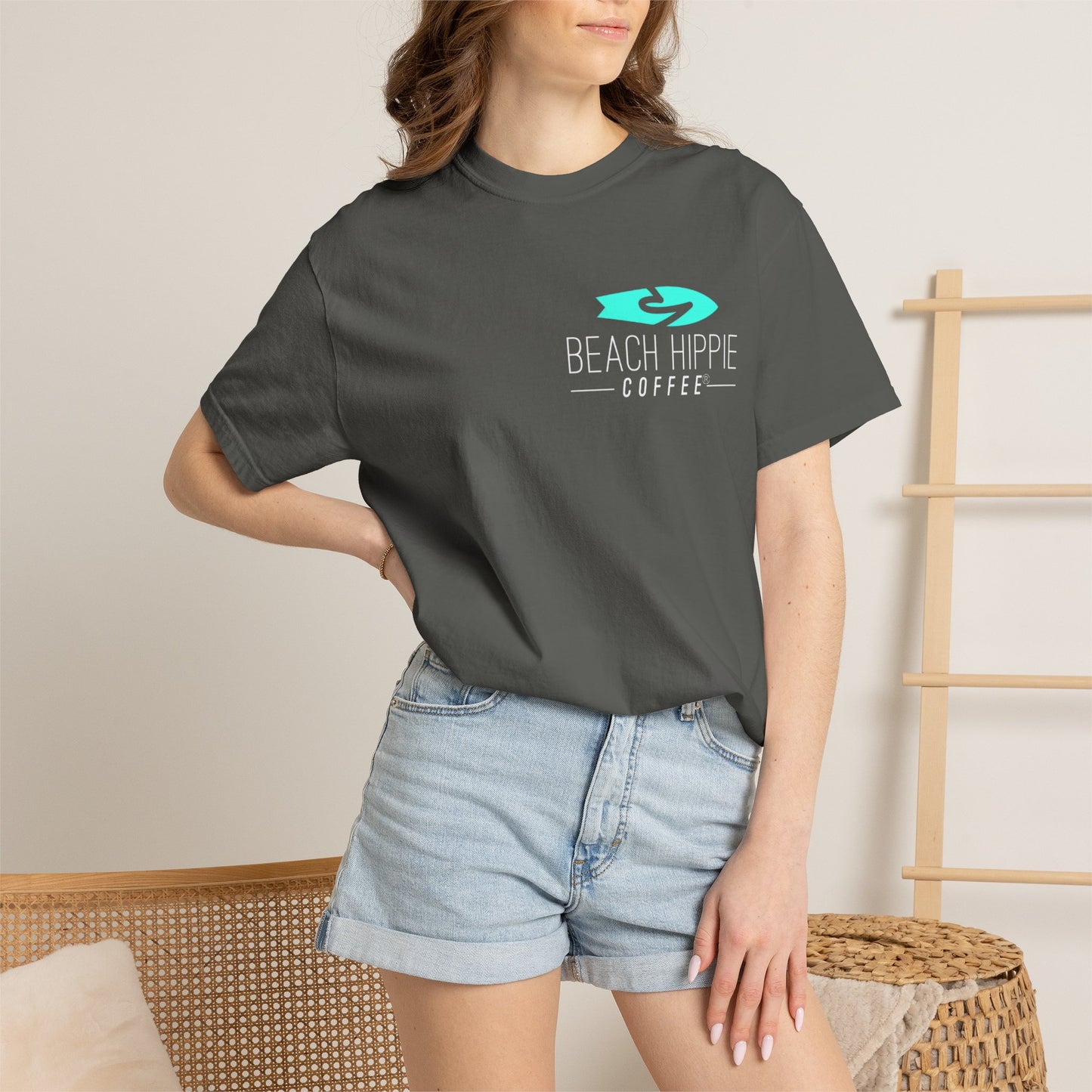 Beach Hippie Coffee Surf Logo T-Shirt — Minimal Turquoise Wave Graphic